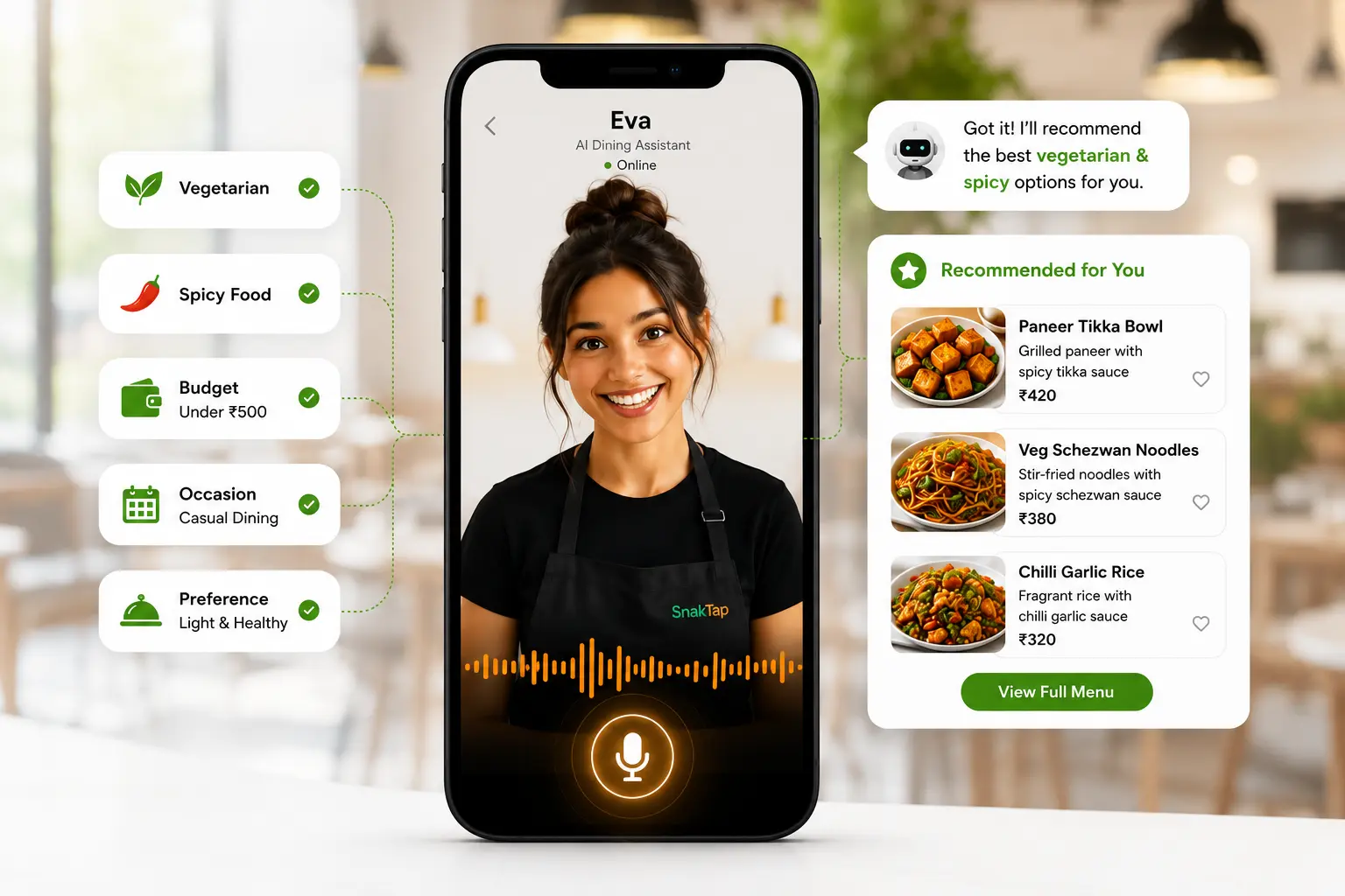 Eva showing personalized dish recommendations on a phone