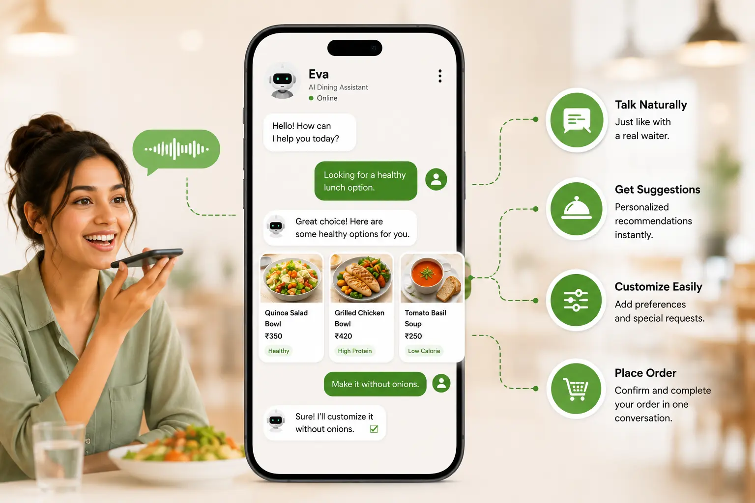 Eva guiding a guest through a conversational food order