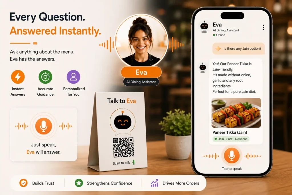 Eva answering a guest's menu question on a phone and a table QR stand